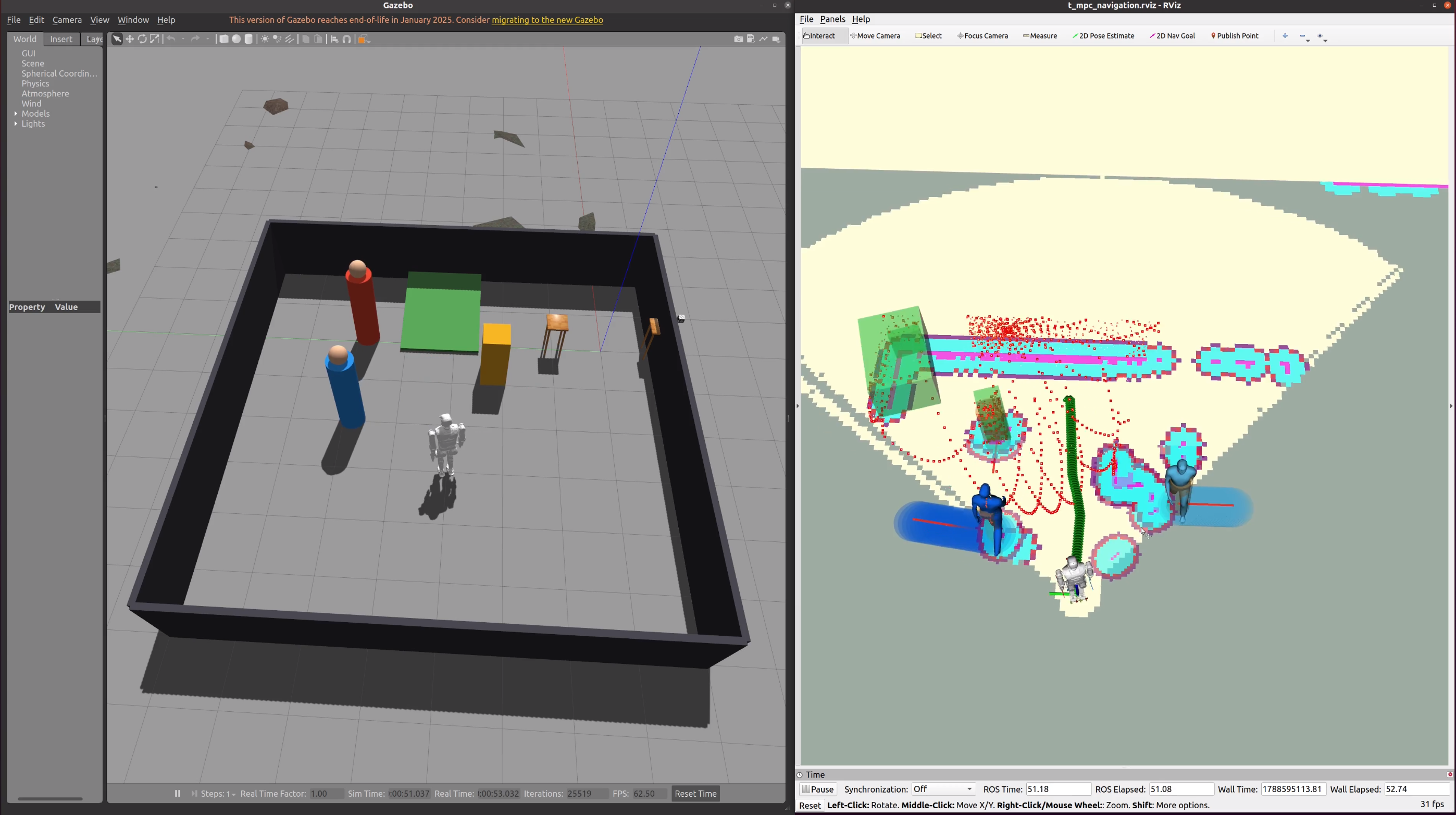 Gazebo obstacles and corresponding LiDAR detections in RViz